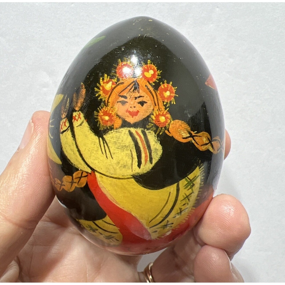 Vintage Russian Dancer Floral Black Lacquer Hand Painted Egg 3" Signed Beautiful